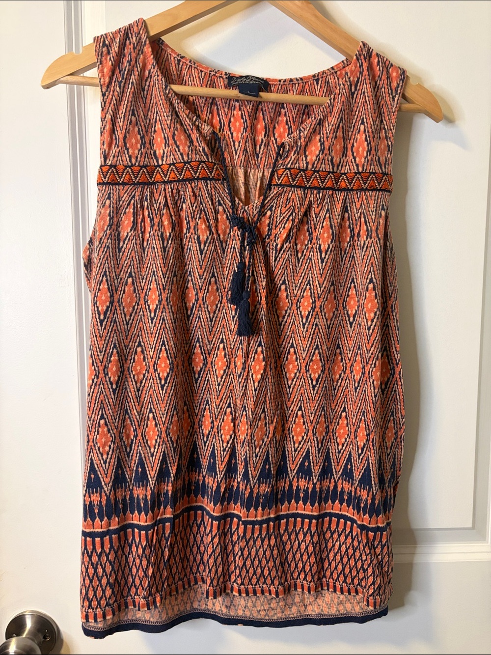 Lucky Brand Orange and Navy Geo Tassel Tie Camisole